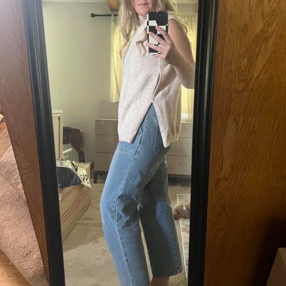 Beige High Neck Knit Vest Sleeveless Sweater Top Side Slits - Picture 13 of 14